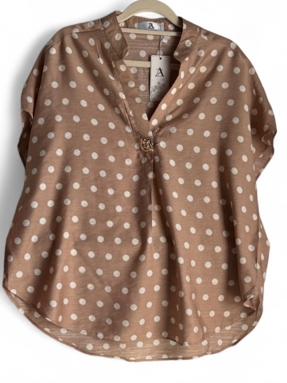 Polka Dot Taupe Short Sleeve V-Neck Blouse - Unbranded